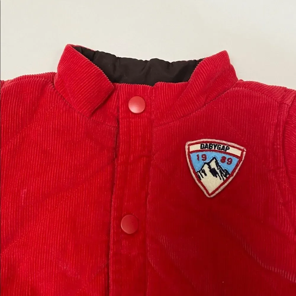 Baby GAP Reversible Jacket Infant 0-3 Months Red Corduroy Brown Bear Chore Coat